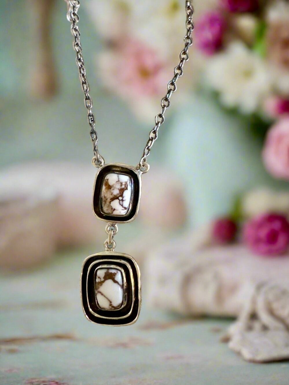 Wild Horse Jasper Oxidized Square .925 Sterling Necklace 18” Adjustable